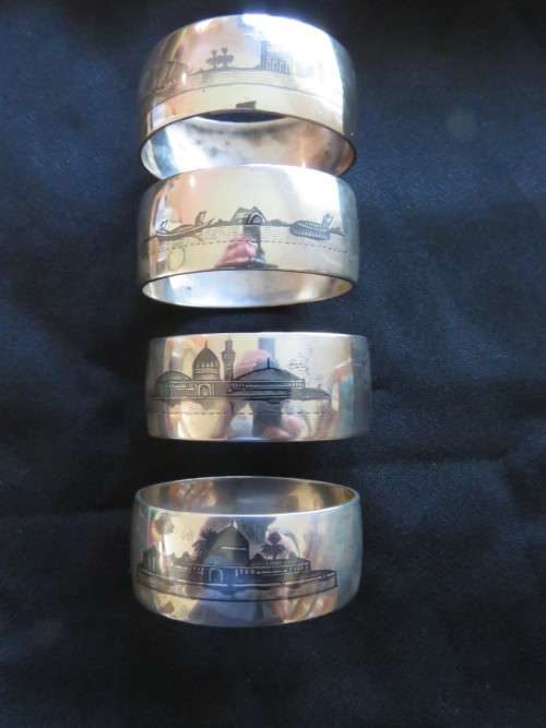 VINTAGE SILVER `NIELLO` NAPKIN RINGS x 4