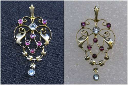 ART NOUVEAU GOLD, RUBY and  AQUAMARINE PENDANT