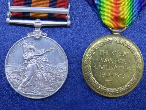 BOER WAR Q.S.A. + WW1 VICTORY MEDAL (K.I.A.)