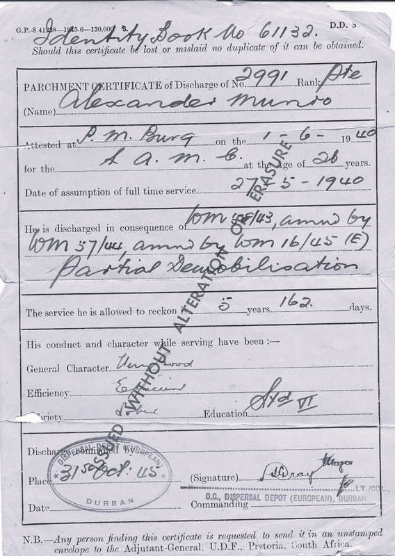WW2 MEMORABELIA  (PERSONAL PAPERS OF A.MUNRO - P.O.W)