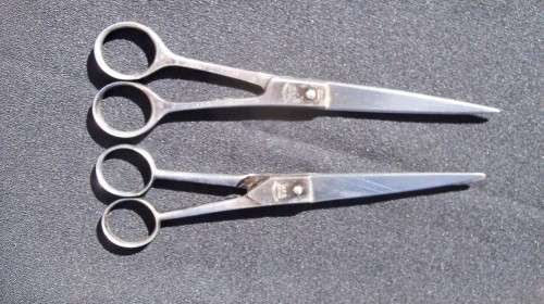 TWO PAIRS OF VINTAGE BLUE DIAMOND 80 BARBER SCISSORS - MADE IN SA BUT THE ONE MARKED WITH GERMAN
