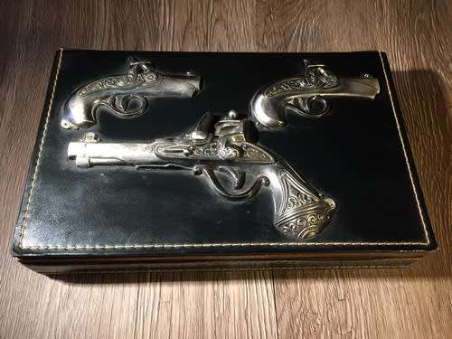 Vintage Wooden Box with Metal Pistol Decoration & Red Velvet Interior - Japan