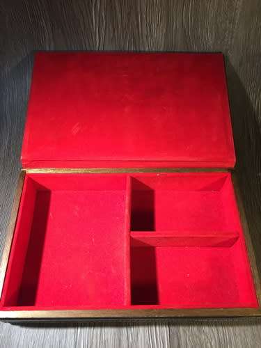 Vintage Wooden Box with Metal Pistol Decoration & Red Velvet Interior - Japan