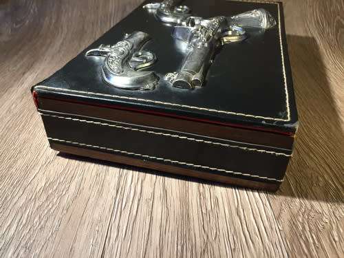 Vintage Wooden Box with Metal Pistol Decoration & Red Velvet Interior - Japan