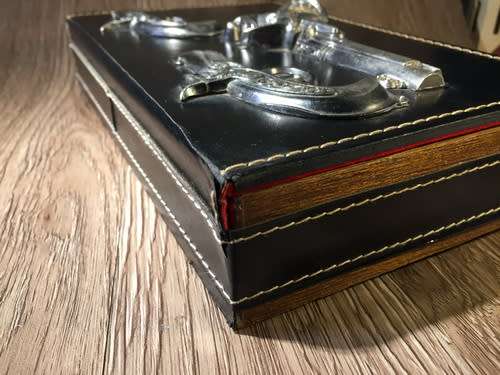 Vintage Wooden Box with Metal Pistol Decoration & Red Velvet Interior - Japan