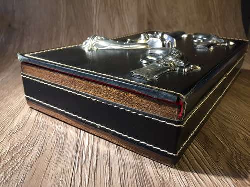 Vintage Wooden Box with Metal Pistol Decoration & Red Velvet Interior - Japan