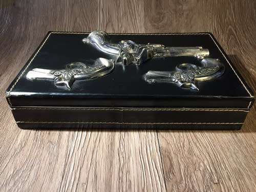 Vintage Wooden Box with Metal Pistol Decoration & Red Velvet Interior - Japan