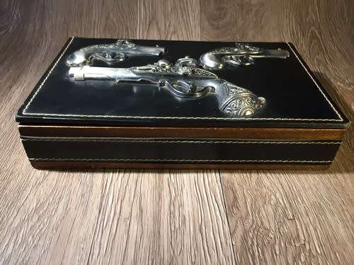 Vintage Wooden Box with Metal Pistol Decoration & Red Velvet Interior - Japan