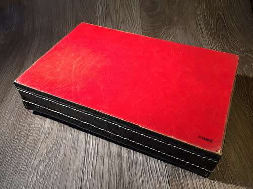 Vintage Wooden Box with Metal Pistol Decoration & Red Velvet Interior - Japan