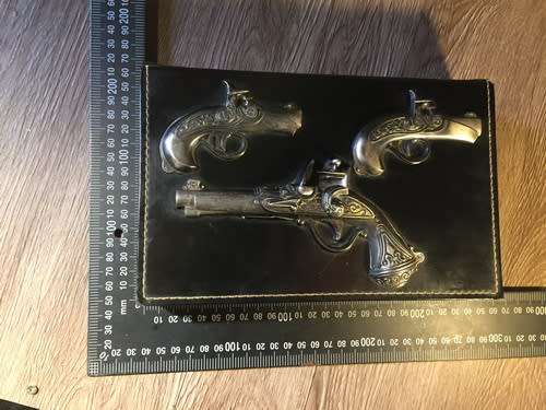 Vintage Wooden Box with Metal Pistol Decoration & Red Velvet Interior - Japan