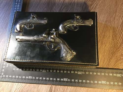 Vintage Wooden Box with Metal Pistol Decoration & Red Velvet Interior - Japan
