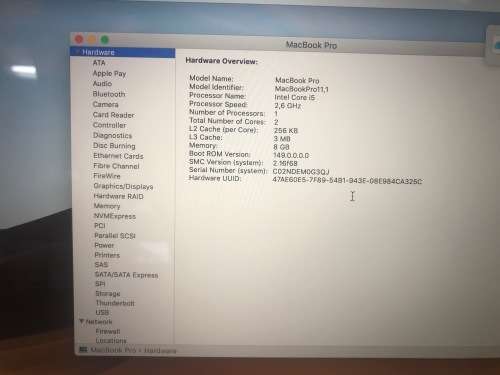 Macbook Pro 13.3 inch 256GB HDD 2.6GHZ Core I5 8GB DDR3 Ram ONLY 96 Cycles