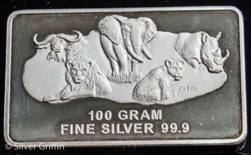 100 grams Bar Fine Silver 999 - Big Five series set 37/1000