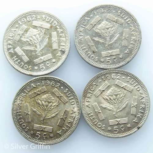QTY 4 X 1962 SOUTH AFRICA 5 CENTS BID PER COIN TO TAKE ALL