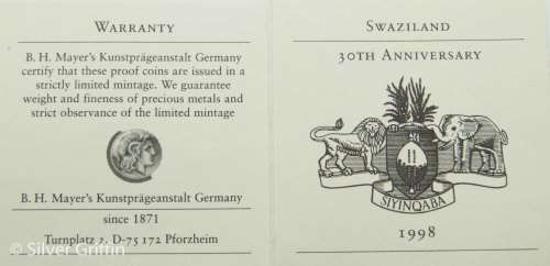 143/500 Rarely seen the Swaziland 30th  Anniversary, 5oz 999 SILVER (LEGAL TENDER)