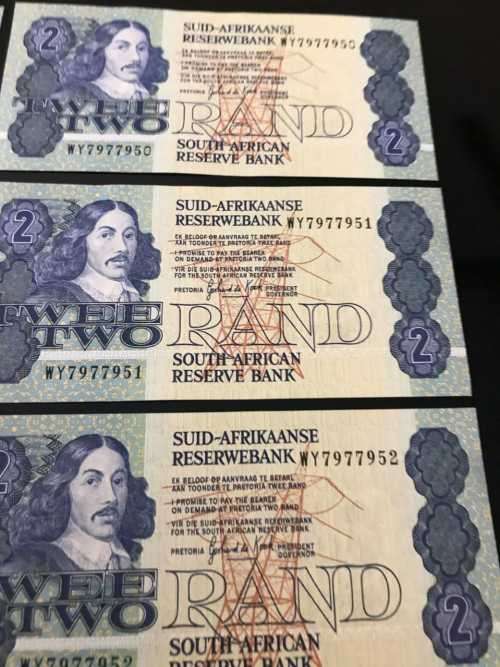 SA RESERVE BANK NOTES TWO RAND. GPC DE KOCK.CONSECUTIVE