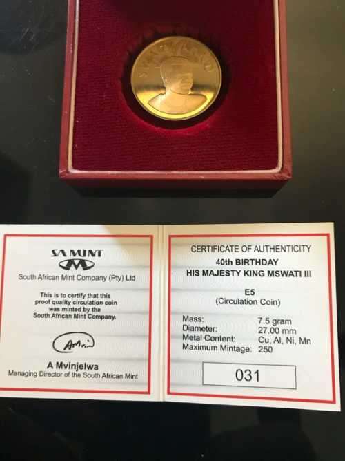 40th BIRTHDAY KING MSWATI PROOF CIRCULATION COIN . RARE