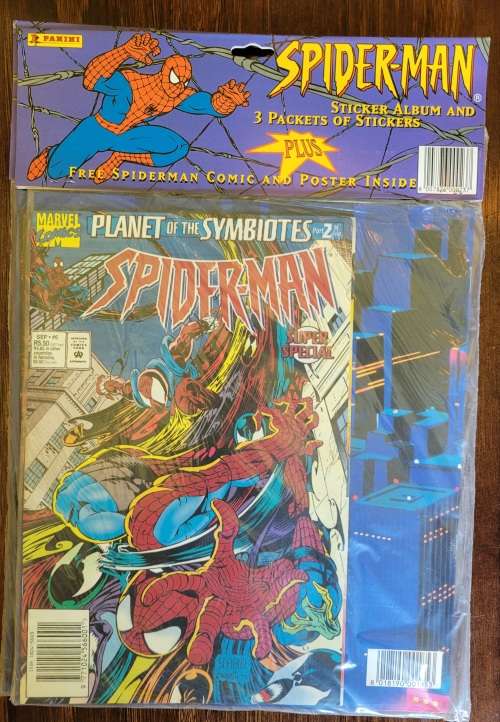 Rare Sealed Spiderman Comics from 1990s with Panini Spiderman book and stickers.