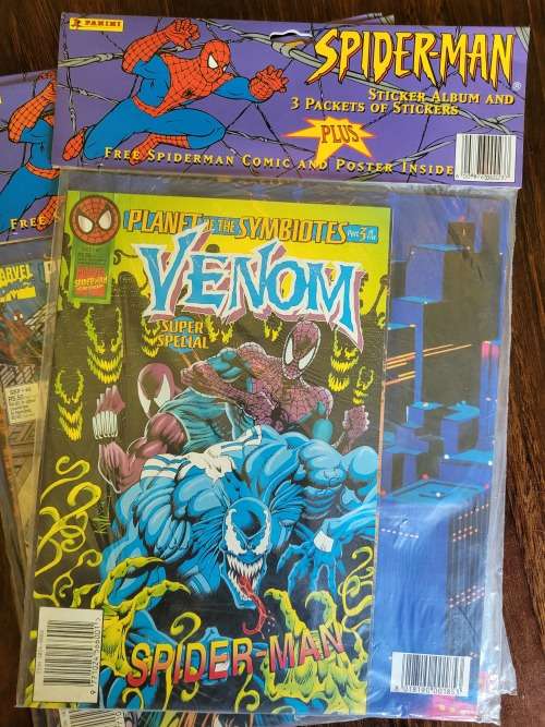 Rare Sealed Spiderman Comics from 1990s with Panini Spiderman book and stickers.