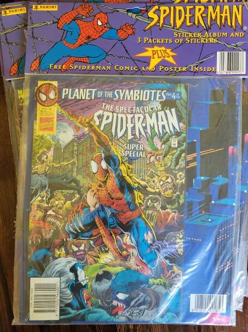 Rare Sealed Spiderman Comics from 1990s with Panini Spiderman book and stickers.