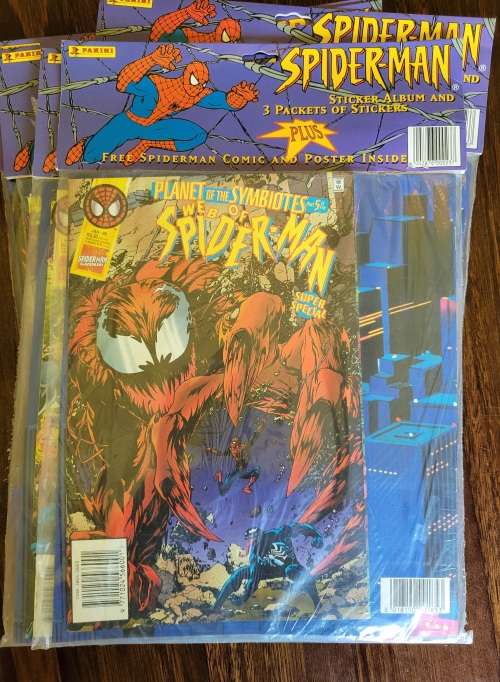 Rare Sealed Spiderman Comics from 1990s with Panini Spiderman book and stickers.