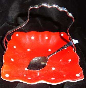 An exquisite almost mint polka dot jam container by MIDWINTER (Staffordshire)