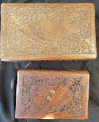 Two highly decorative wooden boxes-used for jewellery etc.