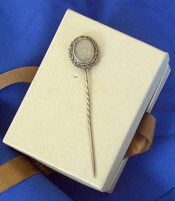 HAT PIN - TWIRLED BRASS WITH GLASS FACE - COLLECTABLE