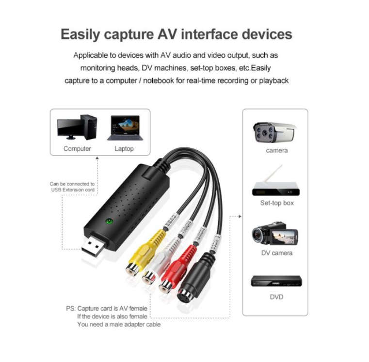 USB Video Capture Card TV Audio DVD DVR VHS to Digital File Converter AV Video Recording
