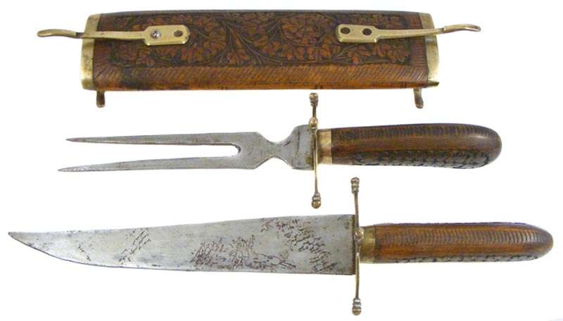 Vintage INDIAN Carved Wood and Brass Carving Set in Holder