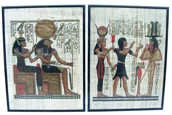 Vintage Pair of Authentic Egyptian papyrus Paper Paintings