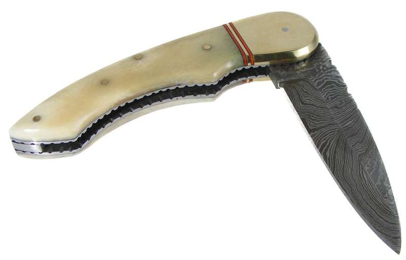 Custom Damascus Blade Folding Knife - Hand Forged - Bone and Brass Handle