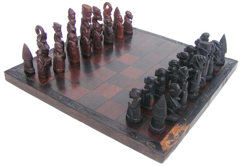 Beautiful Hand Carved African Art Chess Set - African Black Wood/African Mahogany