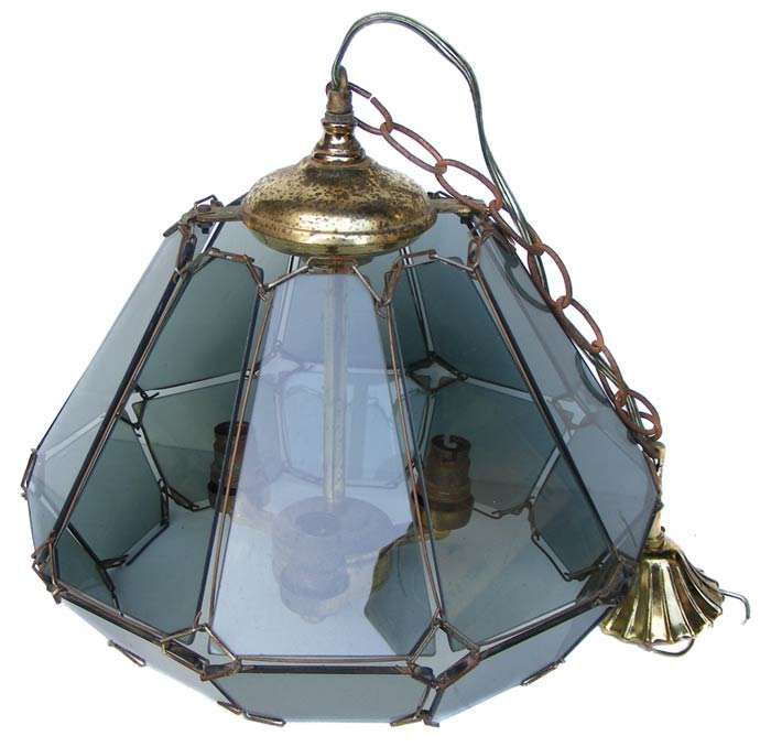Vintage Smoked Glass and Brass 3 Globe Hanging Ceiling Light