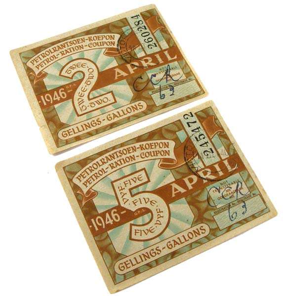 Lot of 2 Antique 1946 Petrol coupons - 5 Gallons and 2 Gallons - Great shape