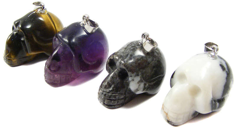 Lot Of 4 Hand Carved Oriental Multigem Skull Pendants - Tiger eye-Purple Fluorite etc