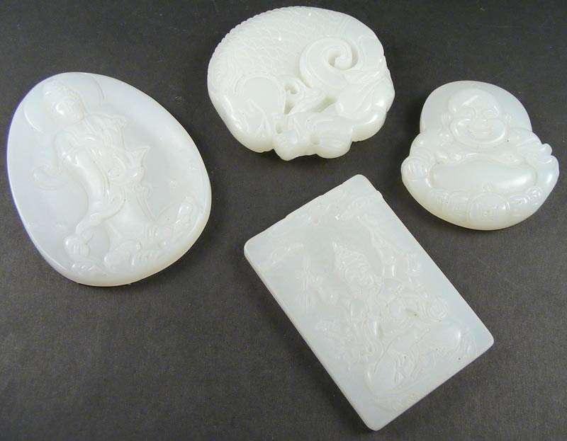 Lot of 4 Chinese Hand Carved Nephrite White Jade Pendants -Buddha, Koi, Oriental Art/Culture