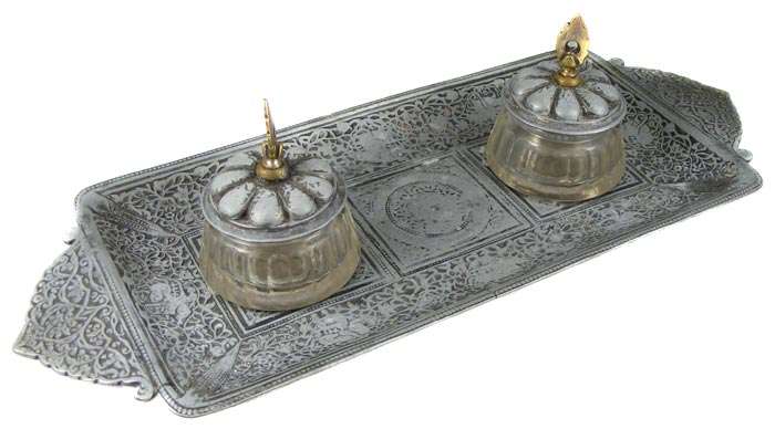 Unusual Antique Pewter Inkwell With Glass Pots and Ornate Design