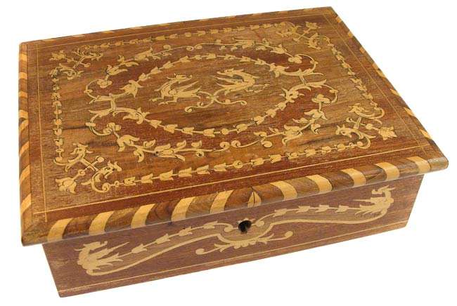 Vintage Exquisitely Inlaid Wooden Italian Jewellery Box - Lined - with lock