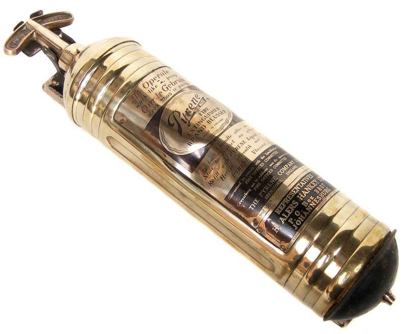 Antique Brass Pyrene Fire Extinguisher With Original Mounting Bracket - 1920's in great condition