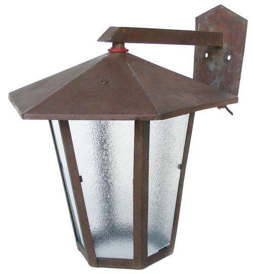 Vintage Hexagonal Copper Electric Wall Lantern - Good condition with new glass panels