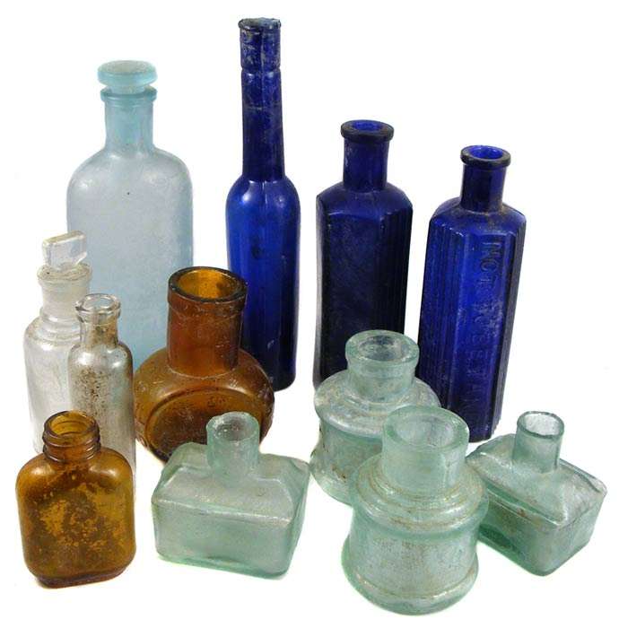 Collection of 12 Small Antique Glass bottles Including 3 Blue Ones!