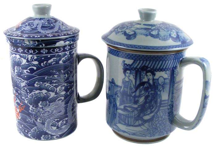 Pair of Beautiful Large Oriental Tea Cups With Lids, 1 With Strainer - Great for Coffee Mugs Too!