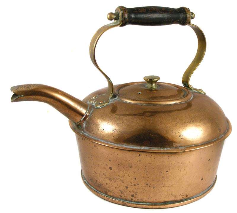 Antique Thick & Solid Copper and Brass Kettle - Wooden handle