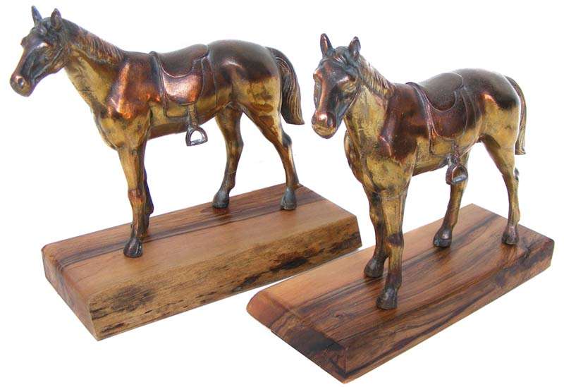 Pair of Beautiful Vintage Metal Horses on Ironwood Bases for Bookends or Display