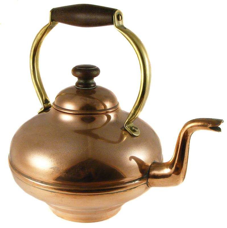Vintage Victorian Style Solid Copper and Brass Kettle - Wooden handle