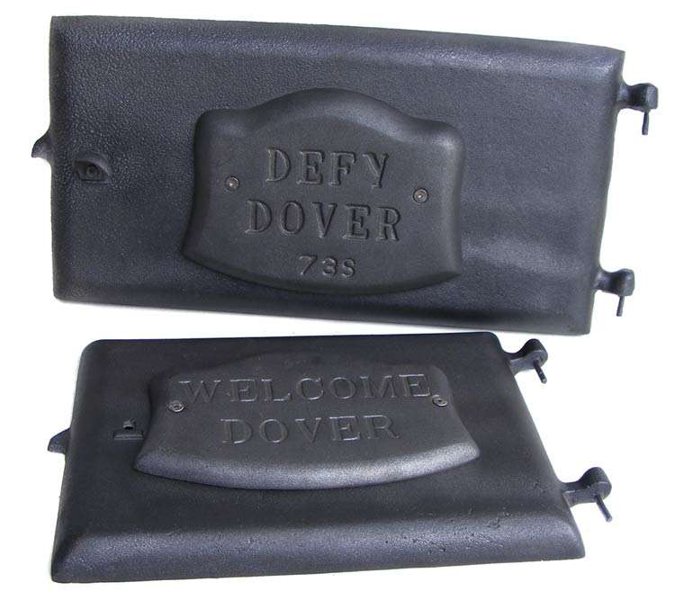 Antique Cast Iron Welcome Dover and Defy Dover Coal Stove Doors - Restored