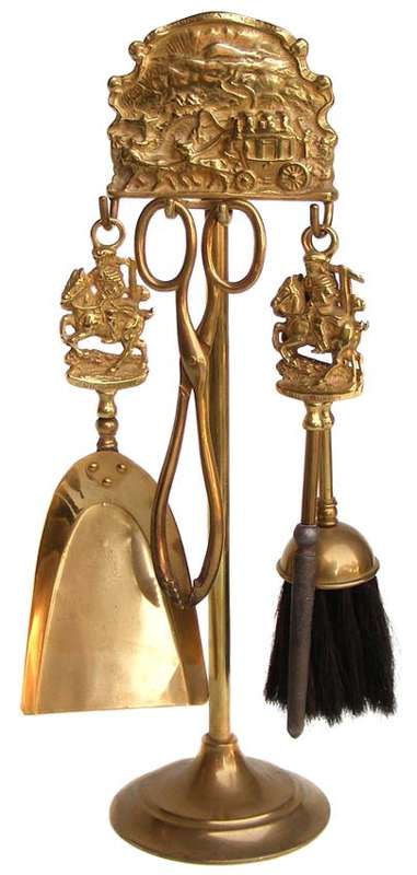 Beautiful Vintage set of English made solid  brass fire tools on stand