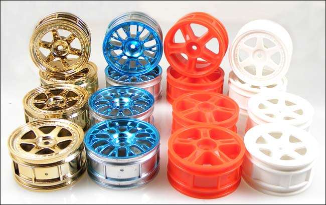 4 Sets of 1/10 on-road RC car rims - Gold, red, white and metallic blue