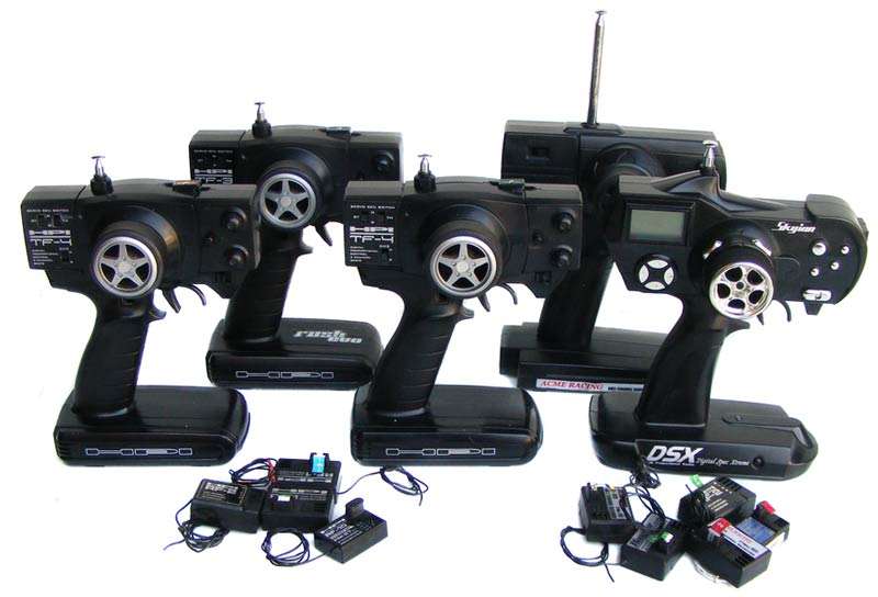 Lot of 5 working 27MHz RC Pistol Type transmitters with receivers - 3X HPI, 1X Skyion, 1x Acme